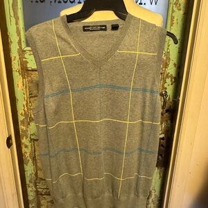 Elegant Gray V-Neck Sweater Vest with Yellow and Blue Stripes